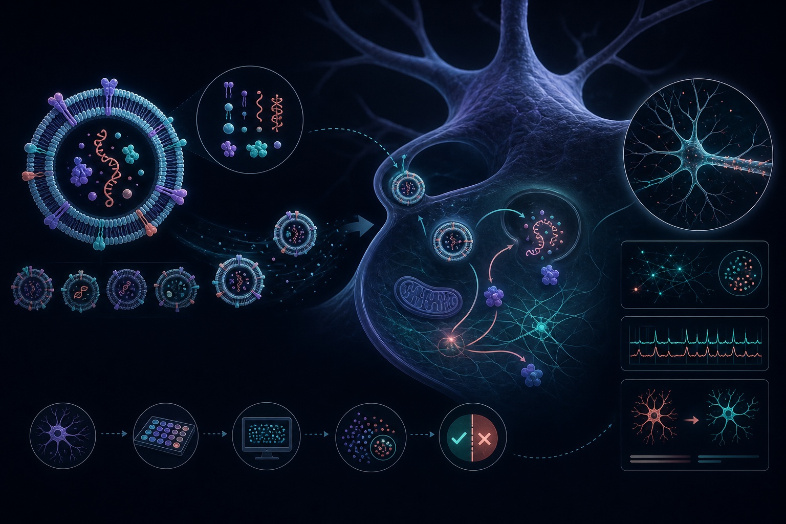 Engineered extracellular vesicle mimics delivering a defined cargo to a recipient neural cell.