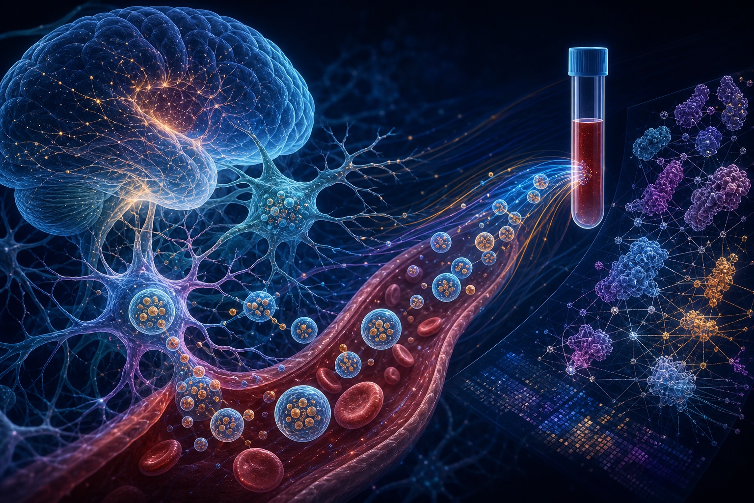 Brain, glial cells, extracellular vesicles, blood sample, and molecular evidence network.